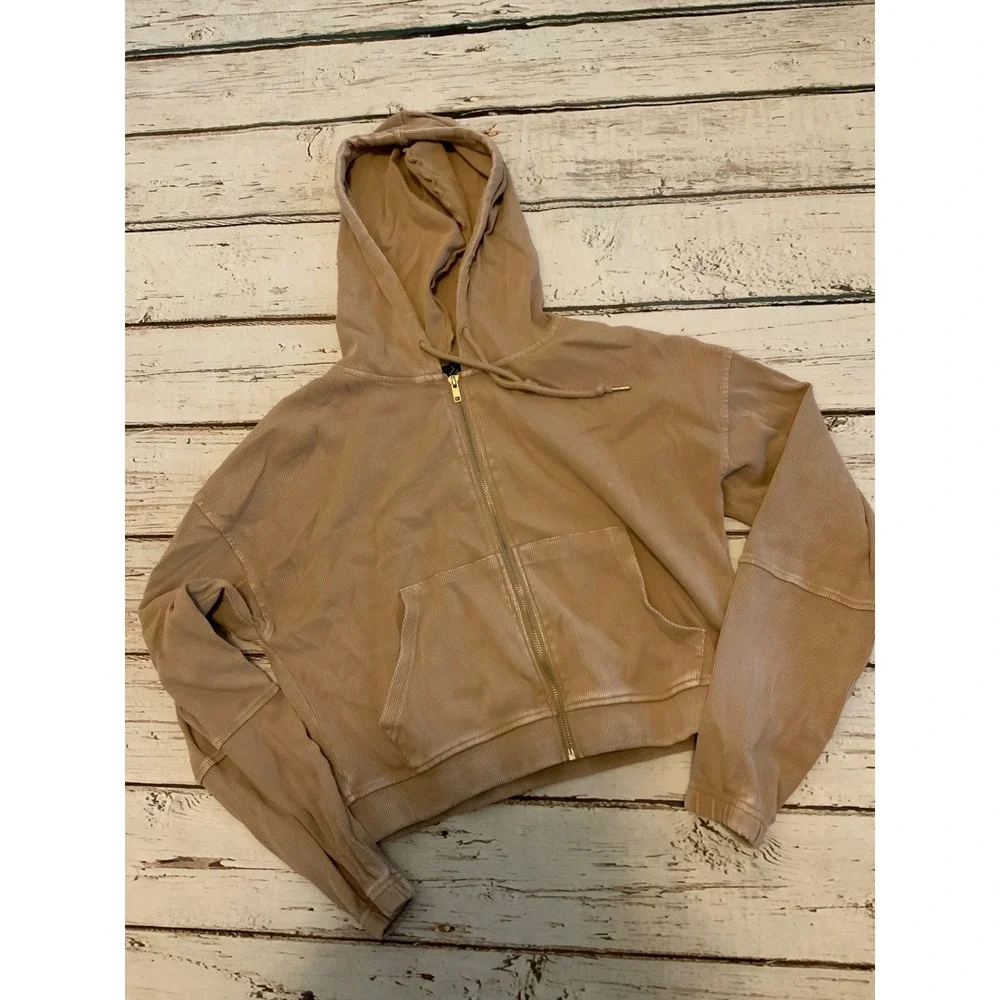 Forever 21 Ribbed Cropped Zip Up Hoodie Tan Beige Mineral Wash Small